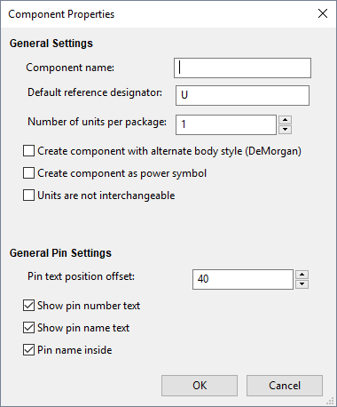 Screenshot of dialog shown when clicking 'create a new component', titled 'Component properties' Relevant fields include the top 2, 'component name' and 'default reference designator'.